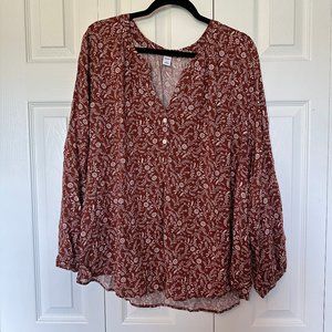 XXL Old Navy Burnt Orange (almost Brown)/White Floral V-Neck Blouse